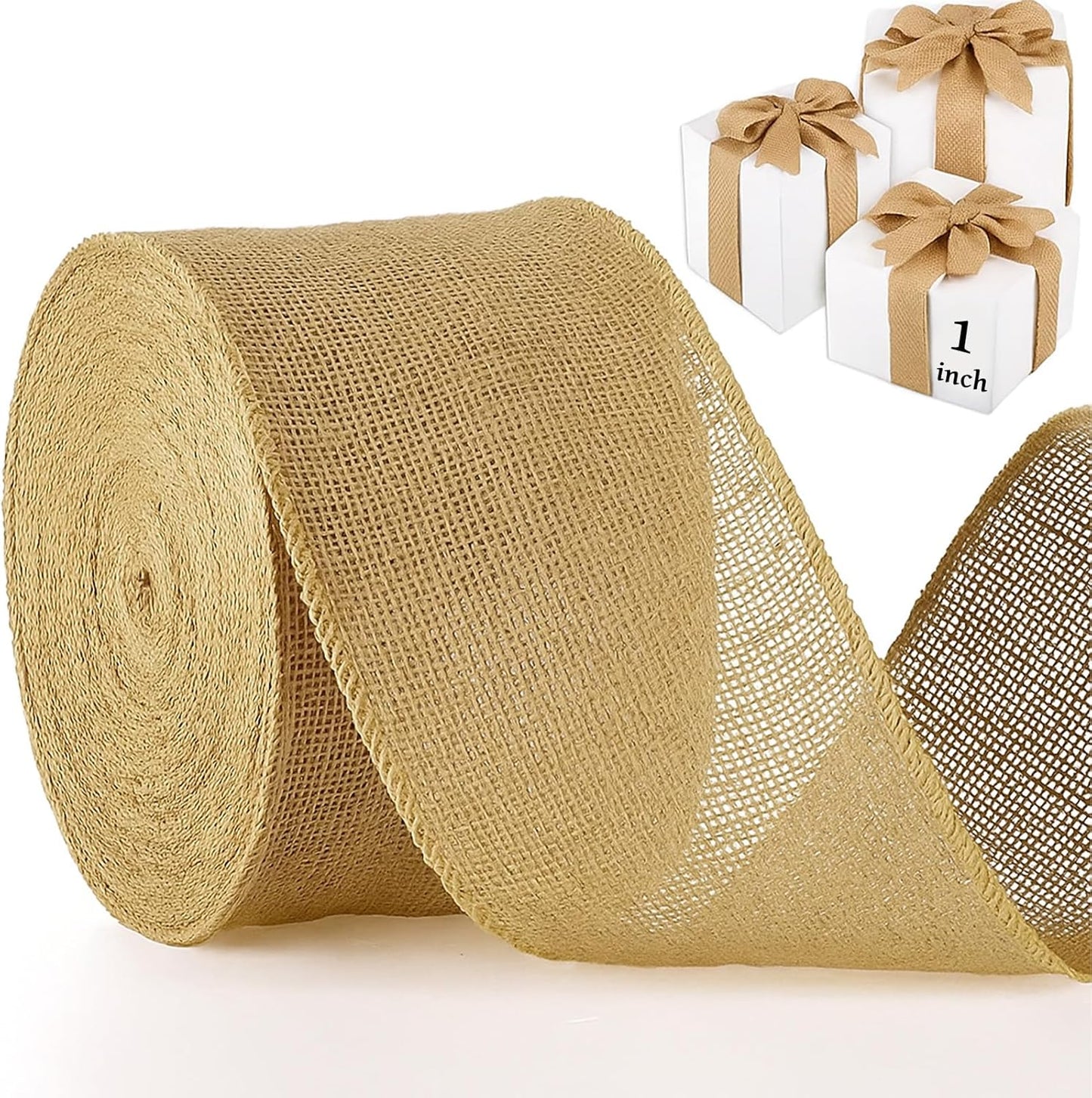 Chuangdi 40 Yard 1 Inches Burlap Ribbon Wide Jute Ribbon Natural Burlap Fabric Roll Wired Edge for Wreaths, Christmas Tree Decoration, Big Bow Crafts, Gift Wrapping, Wedding