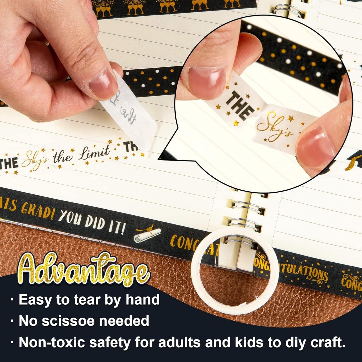 Whaline 12 Rolls Graduation Washi Tape Black Foil Gold 2025 Grad Washi Masking Tape Grad Cap Congratulations Decorative Paper Sticker for Graduation Scrapbook DIY Art Crafts Gift Wrapping