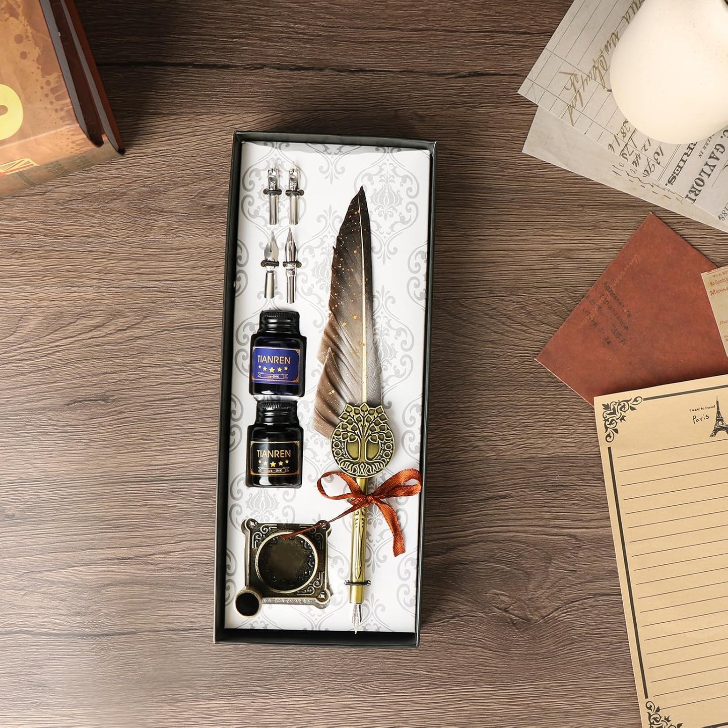 Feather Pen and Ink Set,quill pen ink set,Antique Calligraphy Pen with 4 Replaceable Nibs,2 Bottle of ink,Pen Holder Christmas Gift for Men&Women.(Gray)
