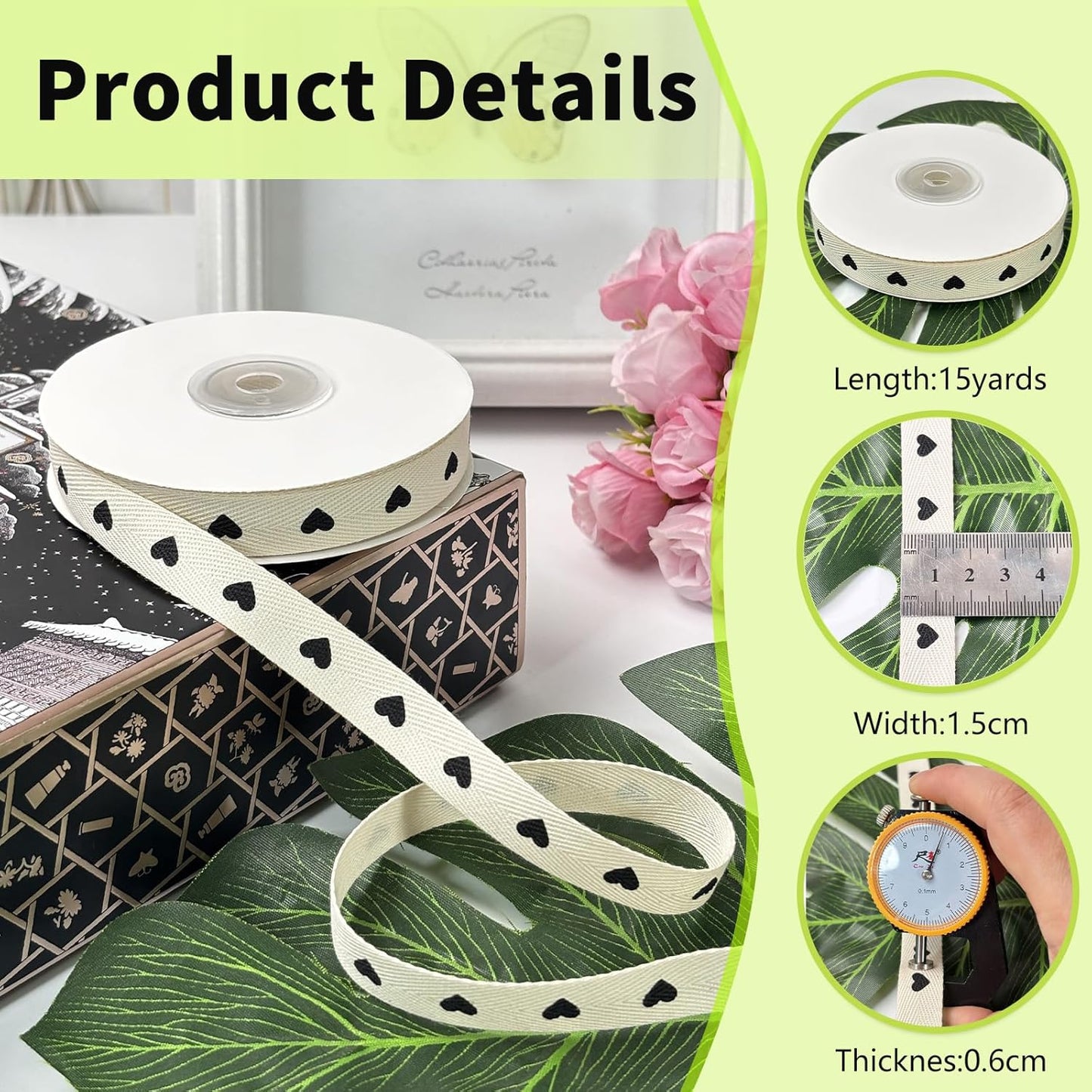 Cotton Herringbone Ribbon - Natural Twill Tape for Custom Gift Wrapping & DIY Crafts-5/8 Inch x 15 Yards - Black Heart Print