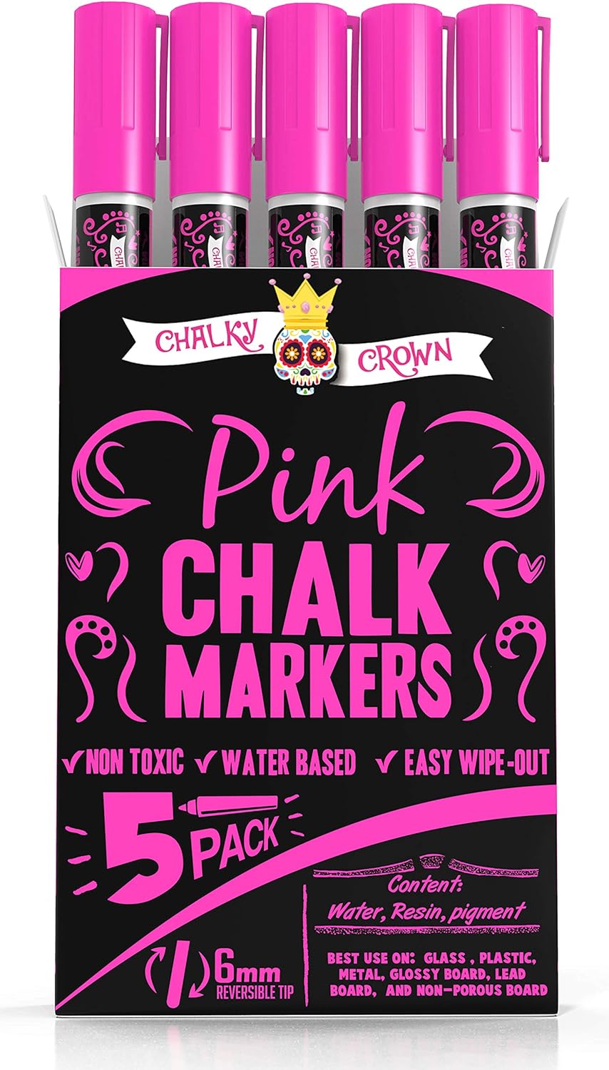 CHALKY CROWN Liquid Chalk Marker Pen - Dry Erase Marker - Chalk Markers for Chalkboard Signs, Windows, Blackboard, Glass - 6mm Reversible Tip (Pink, 5 Pack)