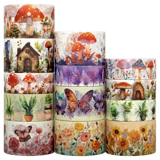 Washi Tape Set 13 Rolls - Mushroom Butterfly Floral Decorative Tape, Colored Masking Tape for Scrapbooking Supplies, Bullet Journal Supplies, Junk Journal, DIY Crafts Art