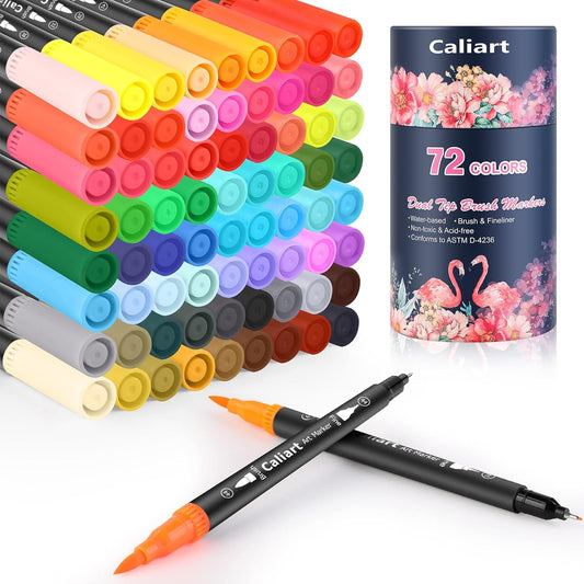 Caliart 72 Colors Double Tip Brush Pens Art Markers, Artist Fine & Brush Pen Coloring Markers for Adult Book Cards Drawing Craft Kit Teacher Office Supplies