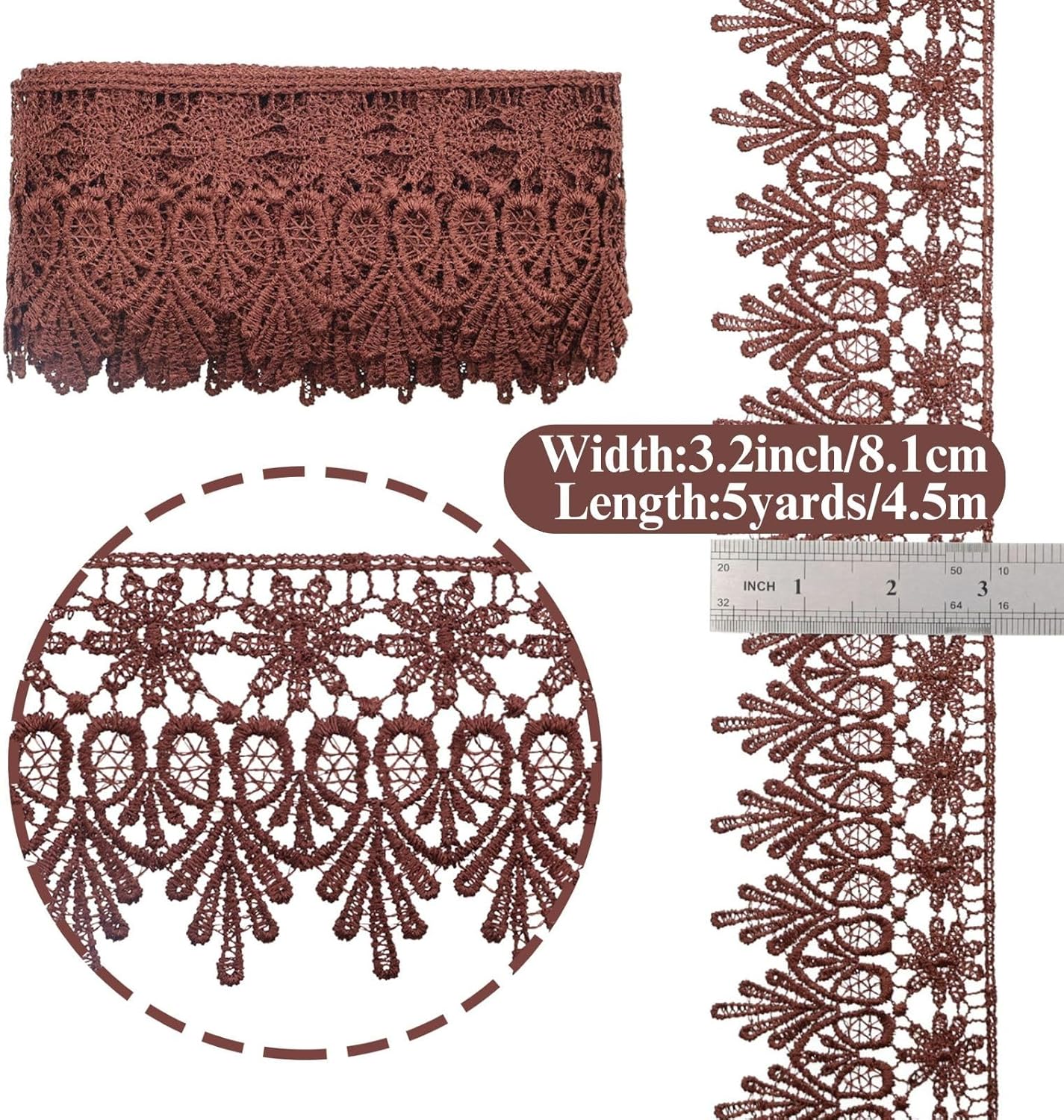 GXTIZAS Brown Lace Trim 5 Yards Wide Venise Lace Ribbon Embroidered Edge Trim for Sewing Crafts Pillow Case
