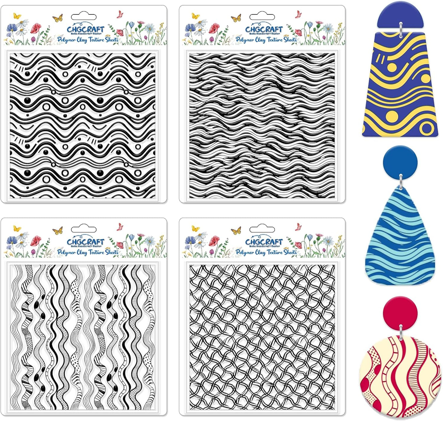 CHGCRAFT 4 Pcs Artistic Wavy Polymer Clay Texture Sheets Wavy Lines Silicone Texture Stamp Seamless Pattern Modeling Pattern Pad Sheets for Jewelry and Earrings Tools, 5.5x5.5 inch