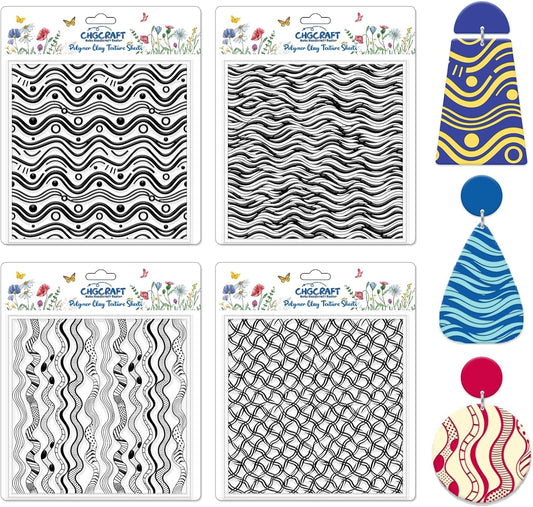CHGCRAFT 4 Pcs Artistic Wavy Polymer Clay Texture Sheets Wavy Lines Silicone Texture Stamp Seamless Pattern Modeling Pattern Pad Sheets for Jewelry and Earrings Tools, 5.5x5.5 inch
