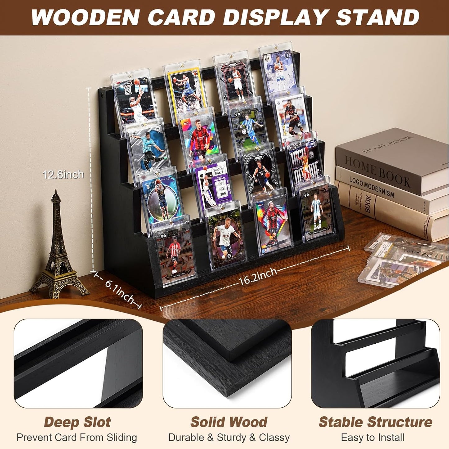 Emfogo Card Display Stand, 4-Tier Trading Card Display, Wooden Graded Baseball Sports Card Display, Trading Card Display Case for Card Collection & Show (Black)