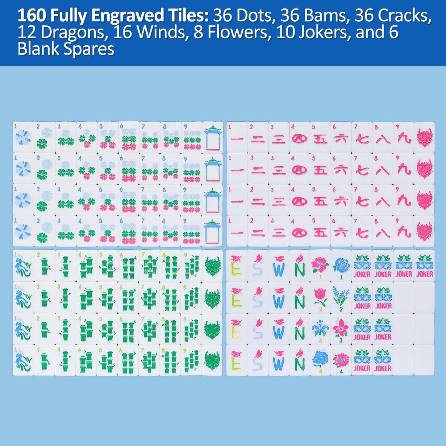 American Mahjong Tile Set(Blue) with Carrying Bag and Accessories, 160 Acrylic Engraved Mahjong Tiles