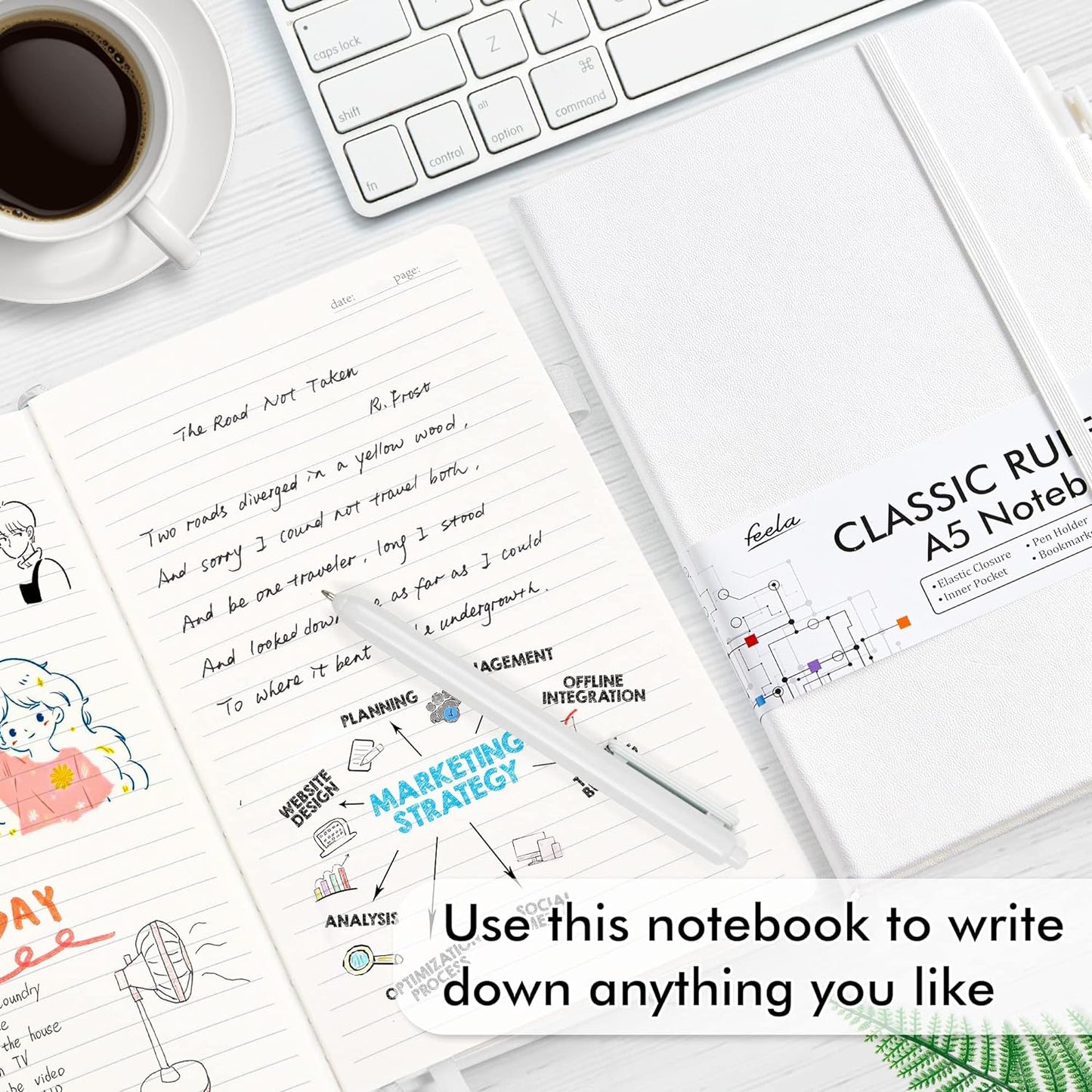 feela College Ruled Notebooks, 24 Pack Business Notebook Hardcover Lined Writing Journal with Pen Holder for Men Women Note Taking, with 24 Black Pens, 120 GSM, 5.1”x8.3”, A5, White