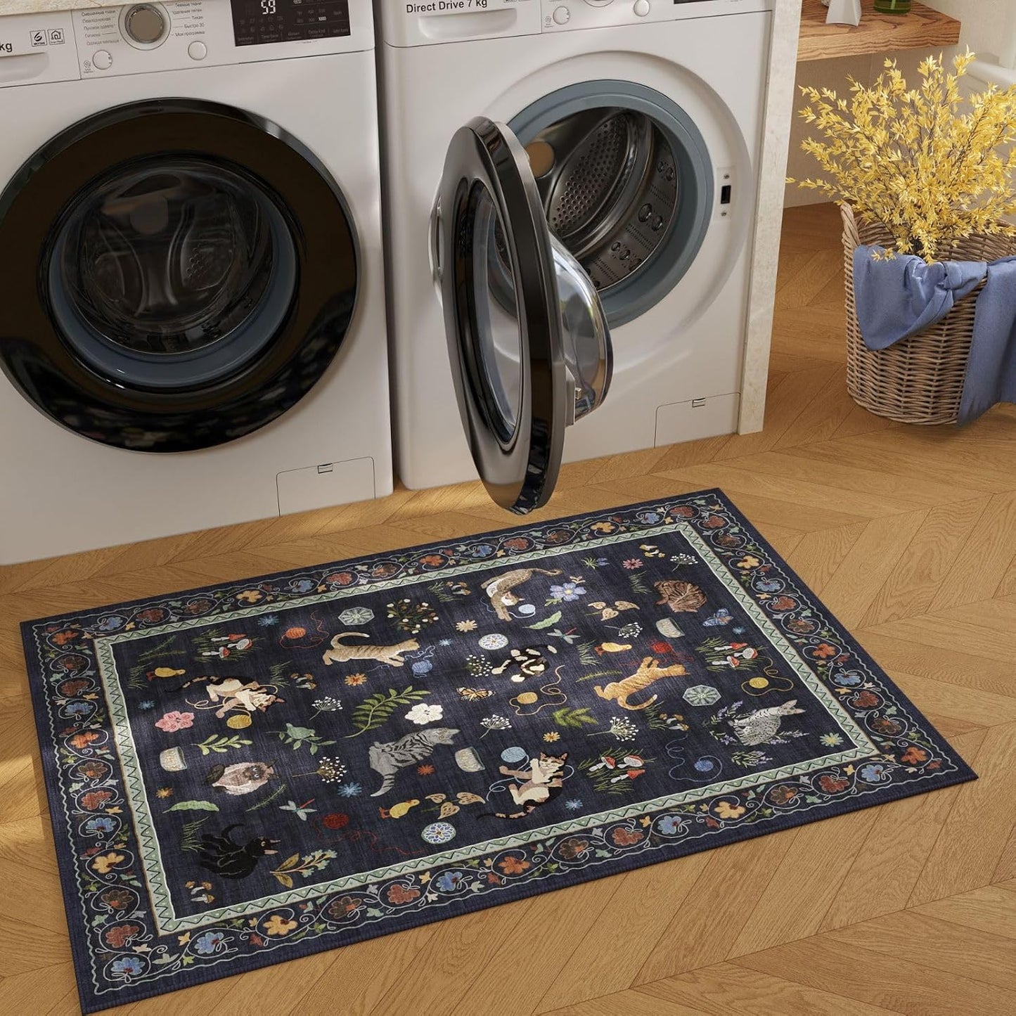 Rugcomf Door Mat Indoor Entrance 2x3 Rug Machine Washable Boho Floral Animal Cat Small Area Rug Non-Slip Low Pile Throw Rugs for Entryway Kitchen Front Door Entry Kids Room, Cobalt Blue