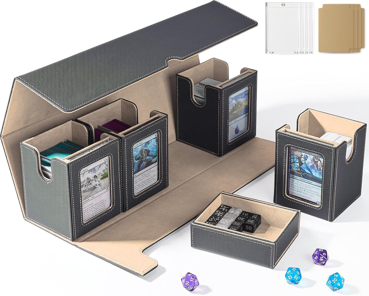 Card Deck Box for MTG with Commander Display, 5 in 1 Card Deck Case Holds 800+ Unsleeved Cards, Strong Magnet Organizer Compatible with Yugioh TCG Sports Cards (Black&Glod)
