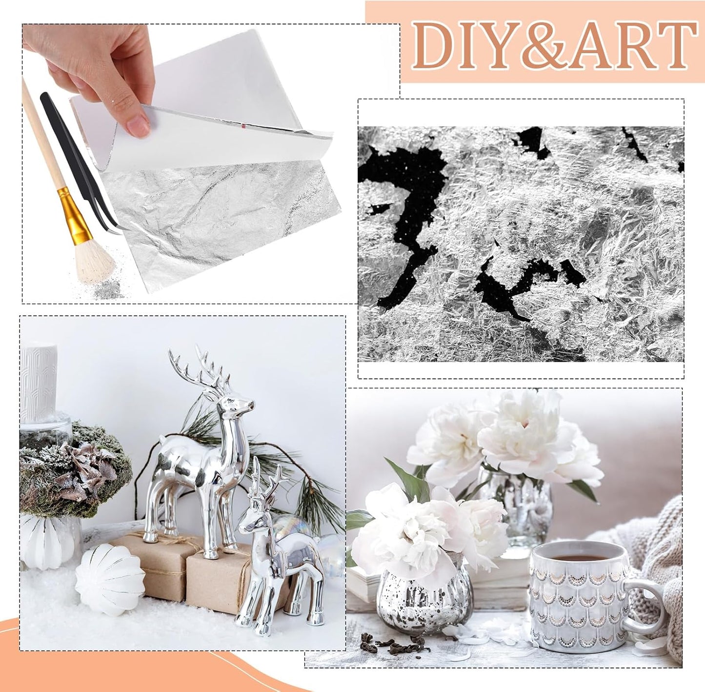 Cunhill 200 Pcs Gold Leaf Sheets for Art Foil Paper Leaf Art Foil Sheets Gilding Brush Thin Paper Craft for Painting Gilding Crafting Decoration,5.5 x 5.5 Inches(Silver)