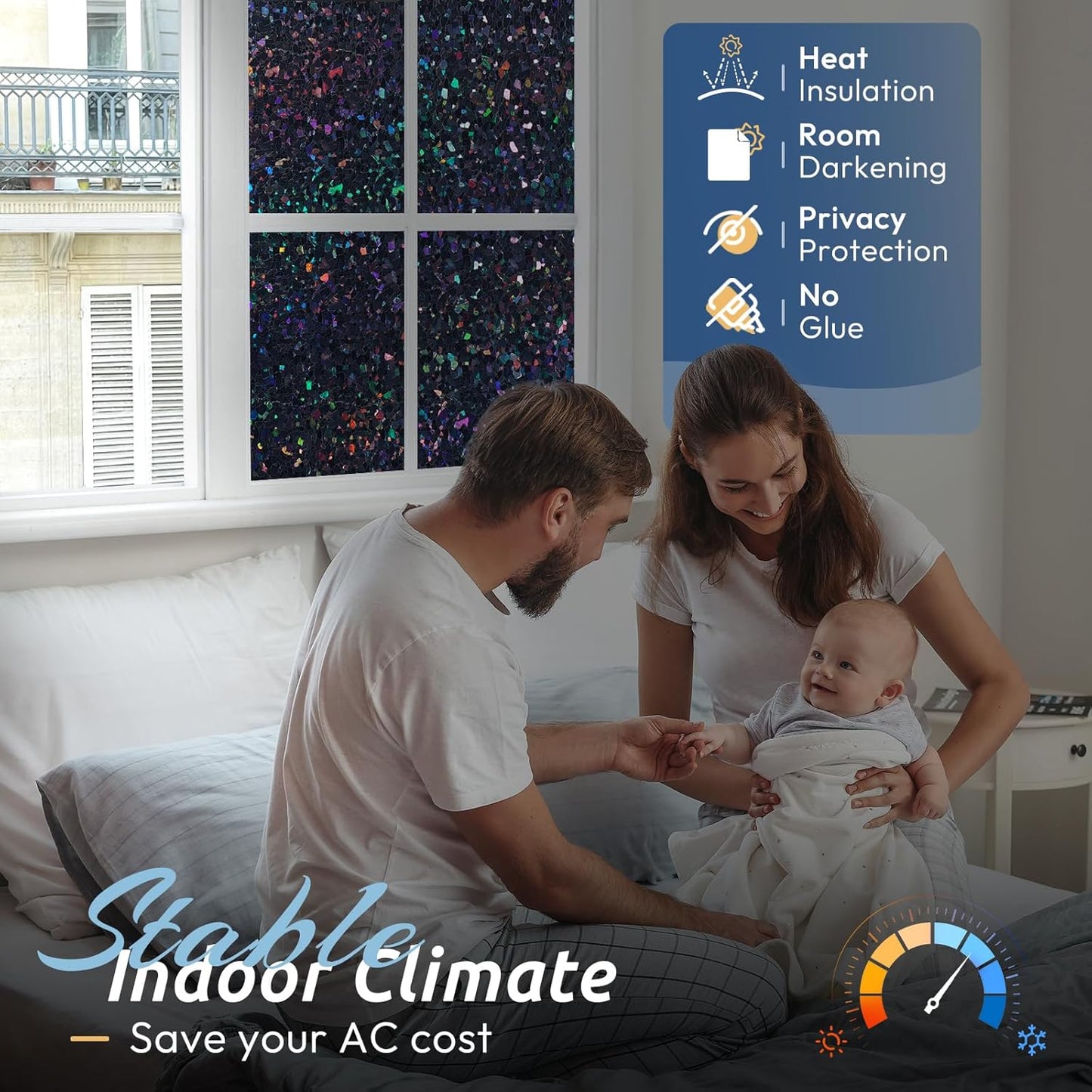 rabbitgoo Blackout Rainbow Window Privacy Film Decorative Stained Glass Diamond Pattern Window Sticker with Iridescent Tint Non-Adhesive Static Cling for Home Office Bathroom, 23.6 x 78.7 inch, Black