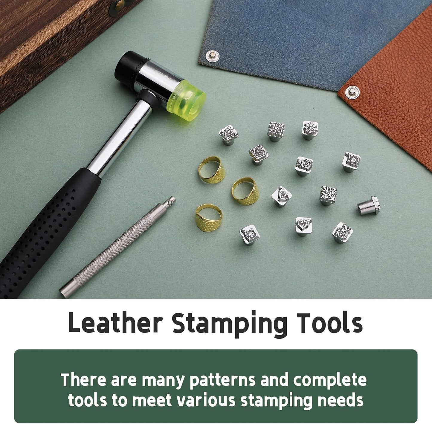 Leather Craft Stamping Tools, Leather Stamping Kit with 12 Tangcao Patterns Stamp and Punch Tools and 25mm Hammer and 3 thimbles for Craft Stamps
