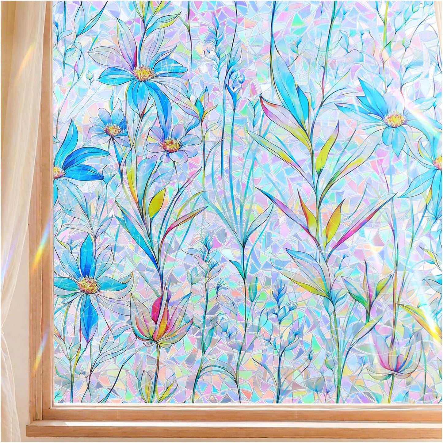 FINNEZ Window Privacy Film Stain Glass Film Flowers Rainbow Window Film Window Clings Non-Adhesive Reusable Decorative for Home（Blue Lotus，45.2 Inch x 6.5 Feet）