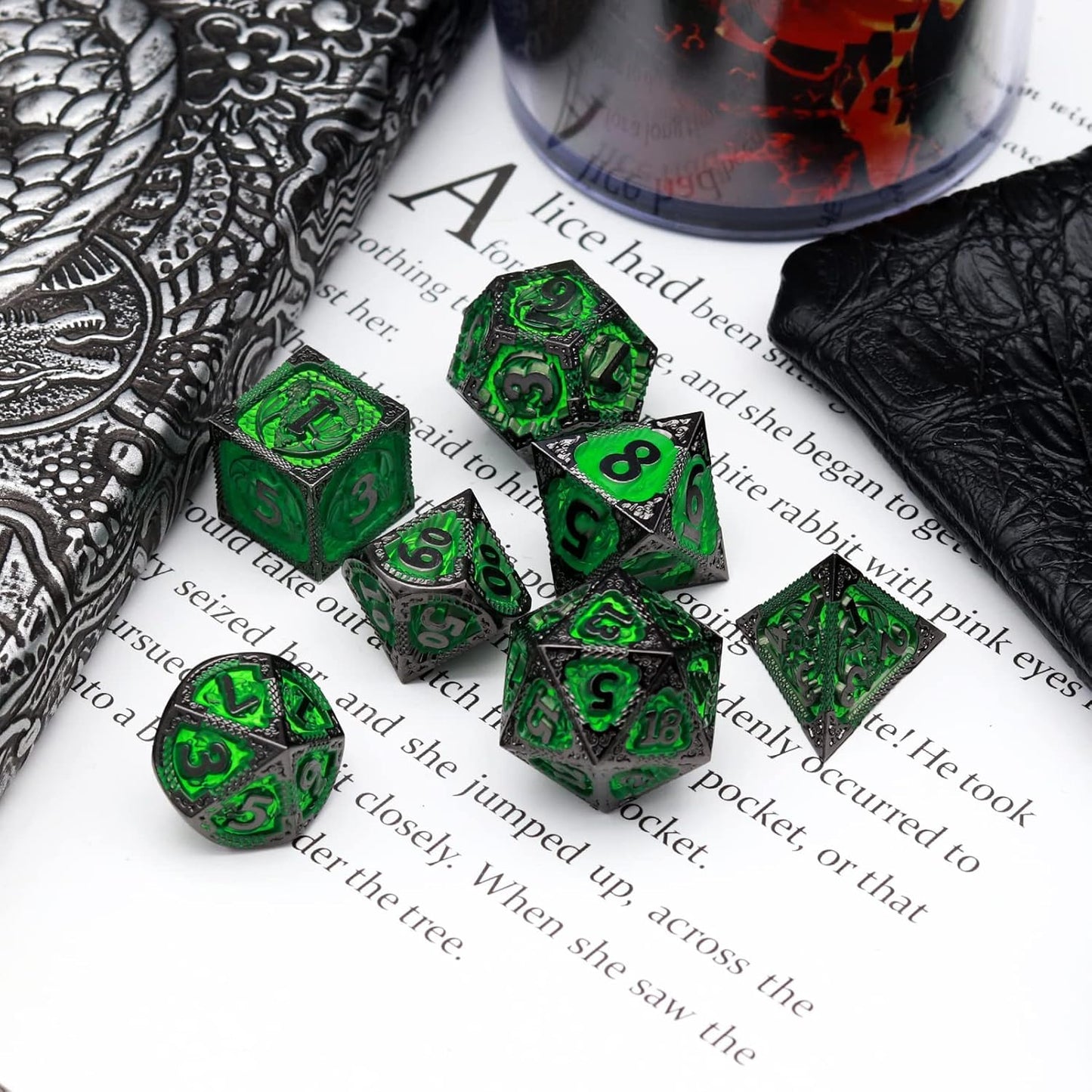 Haxtec Metal Dice Set Green Black Dragon Pattern Metal DND Dice with Leather Dice Bag Polyhedral D&D Dice Compatible with Dungeons and Dragons TTRPG Gifts