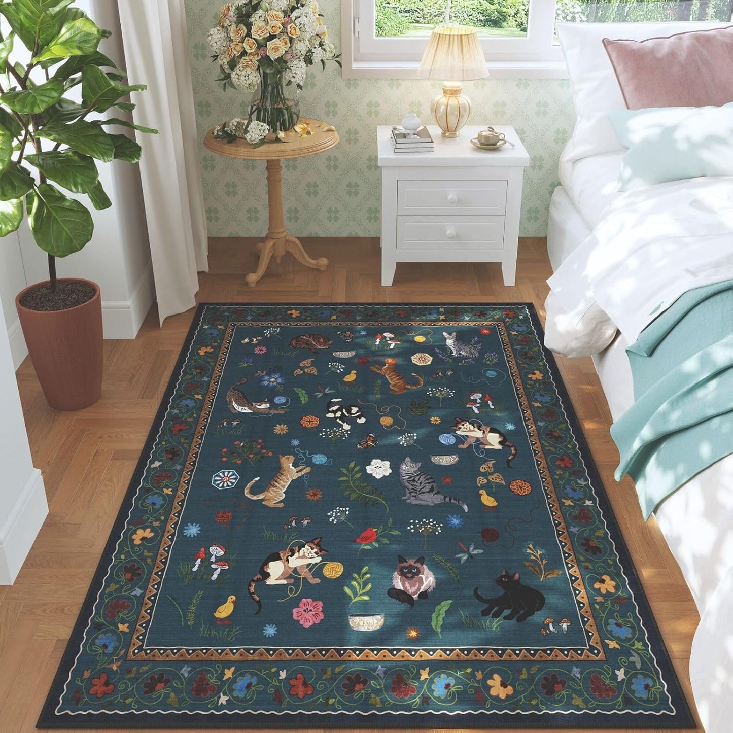 Rugcomf Bedroom Rug 3x5 Rug Washable Area Rug Non Slip Low Pile Boho Floral Animal Cat Small Carpet for Bedside Kitchen Entryway Kids Room Office College Dorm Essentials for Girls, Pearl Gentian Blue