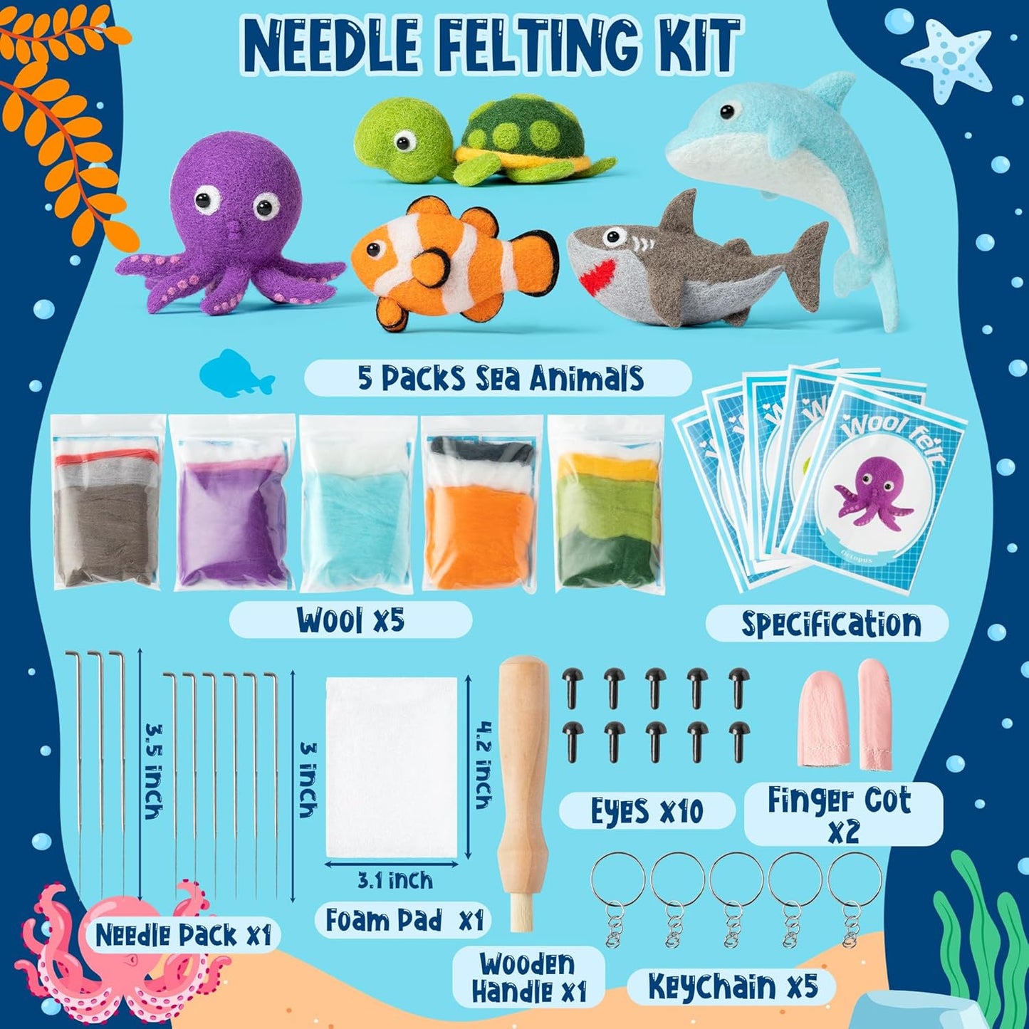 WATINC Needle Felting Kit - 5 Set Unique Different Cute Doll Wool Felt Needle Tools Foam Pad Instruction, DIY Home Decoration Craft Party Supplies for Art Work Starter Beginners (Sea Animal)