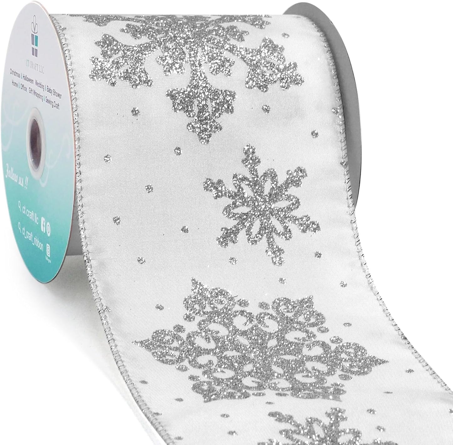 CT CRAFT LLC White Satin with Silver Snowflake Wired Ribbon 4 Inch x 10 Yards for Christmas Home Decor Tree Topper Bow Gift Wrapping DIY Crafts Wreath Garland