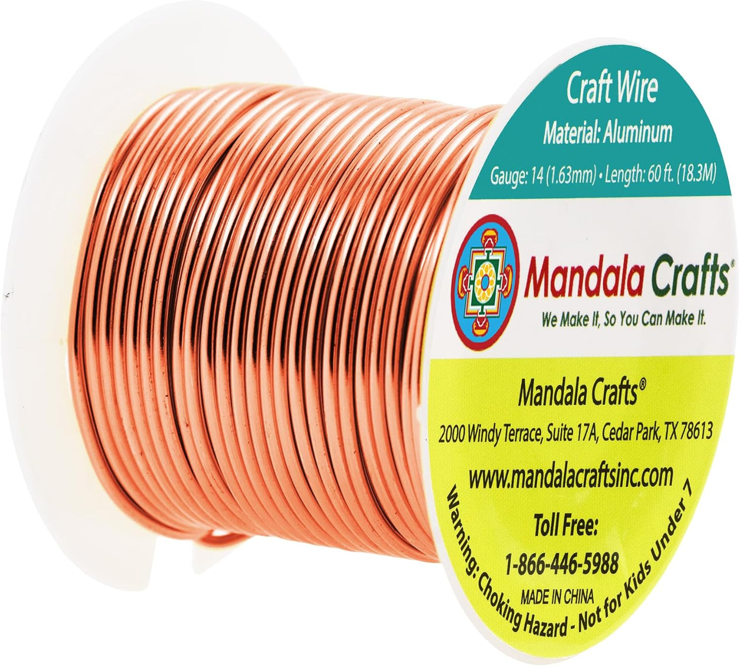 Mandala Crafts 14 Gauge Anodized Aluminum Craft Wire for Jewelry Making - 60 FT Colored Flexible Copper Tone Wire - Bendable for Bonsai Armature Crafting Sculpting