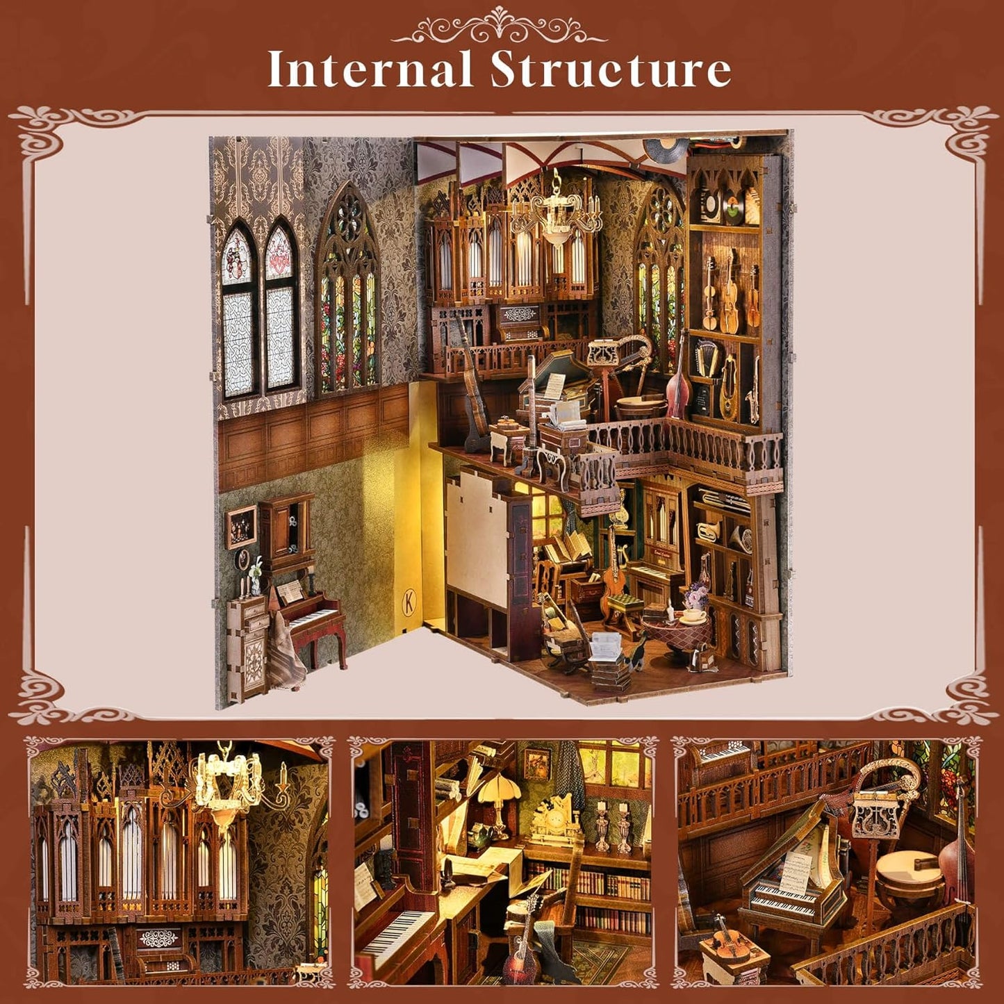 Book Nook Kit Music, DIY Miniature House Kit Book Nook, 3D Wooden Puzzle Bookshelf Insert Diorama Kit with Led Light for Teens and Adults (Timeless Melody)