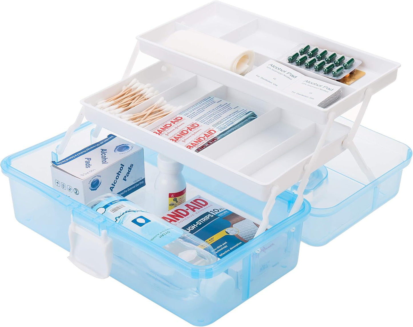 MyGift 13 Inch Transparent Blue Plastic Empty Multipurpose Storage Box with Handle, Latching Lid and 2 Expandable Trays for Tools, First Aid, Sewing Kit, Arts Crafts Supplies
