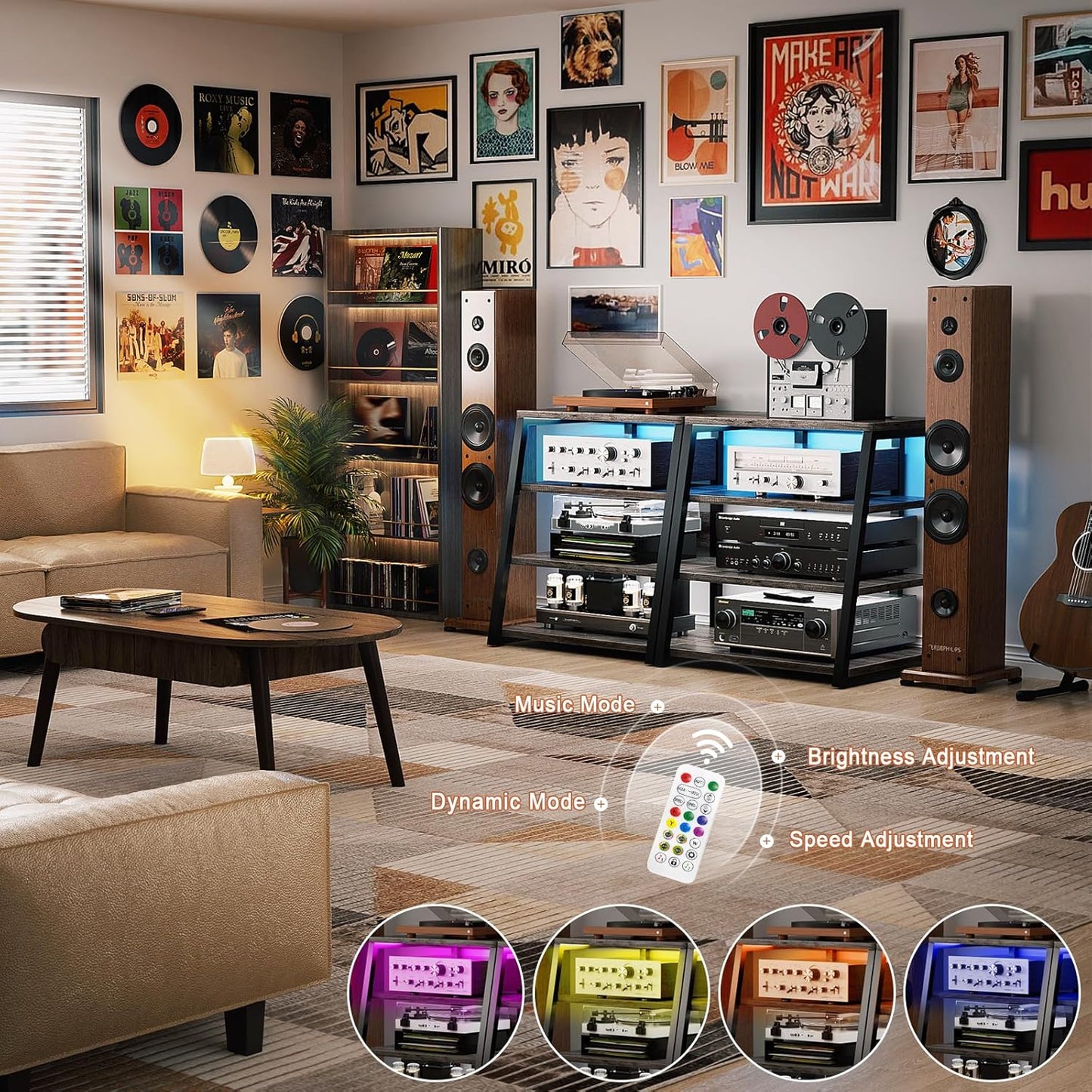 Armocity 4-Tier AV Media Stand with Power Strips, Stereo Stand with LED Lights, Rack Audio Tower with Adjustable Shelves, Small Entertainment Center, 30'', Grey Oak