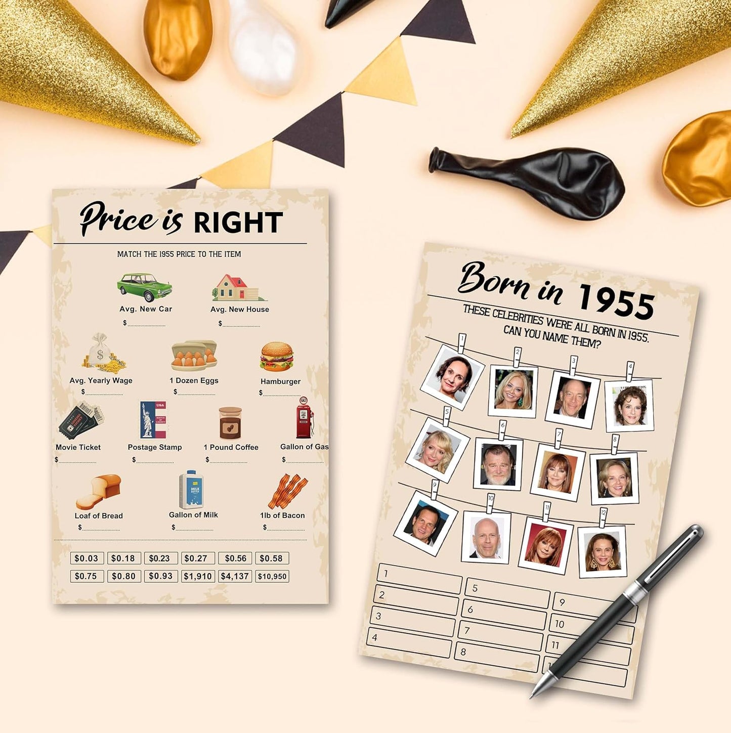 70th Birthday Party Games, Set of 2 Activities for 15 Guests, Born in 1955 Games Bundle, Birthday Party Supplies for Adults, Pack of 30 Cards