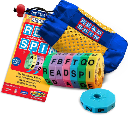 Geospace Read Spin Education Game for Kids – A Handheld Magnetic Spelling Game with Storage Pouch (Upper Case Letters)