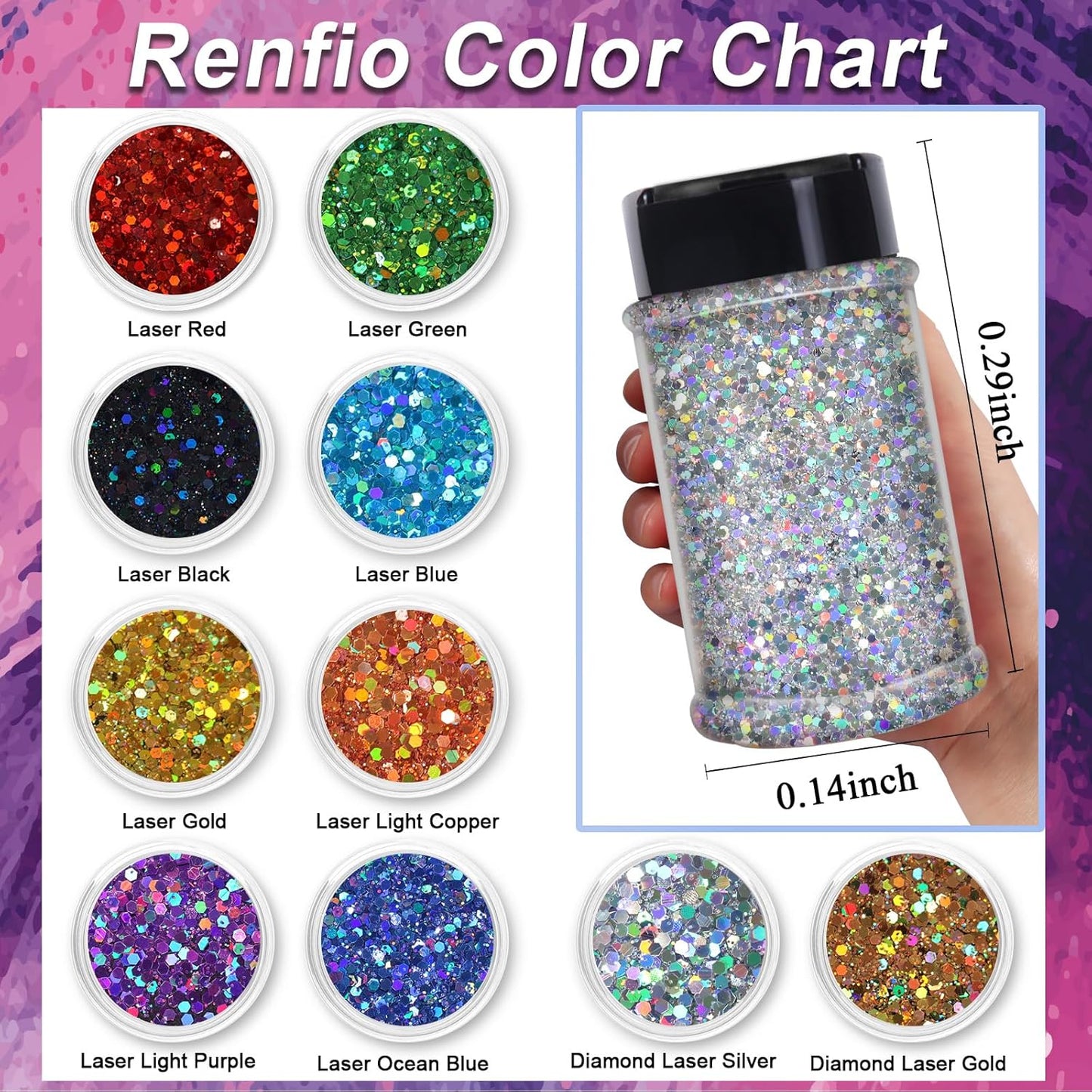 Renfio Holographic Glitter, 2.11oz/60g Medium Size Chunky Mix Ultra Fine for Crafts, St Patrick's Day, Resin, PET Flakes for Nail Art, Tumblers, Slime - Laser Green