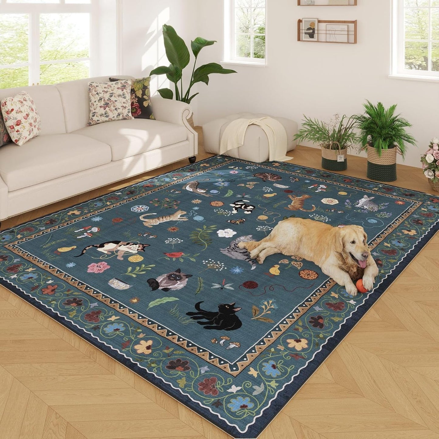 Rugcomf Living Room Rug 5x7 Rug Machine Washable Boho Area Rug Non Slip Floral Animal Cat Vintage Low Pile Large Rugs for Living Room Bedroom Farmhouse Dining Room Kids Playroom, Pearl Gentian Blue
