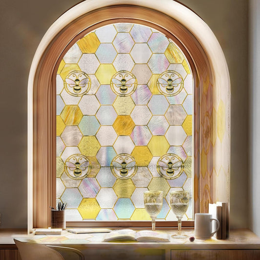 3D Stained Glass Window Privacy Film, Heat Control UV Blocking Static Cling Decorative Window Film for Bathroom,Front Door,Home Non Adhesive,16.9 x 78.7 inches Honey