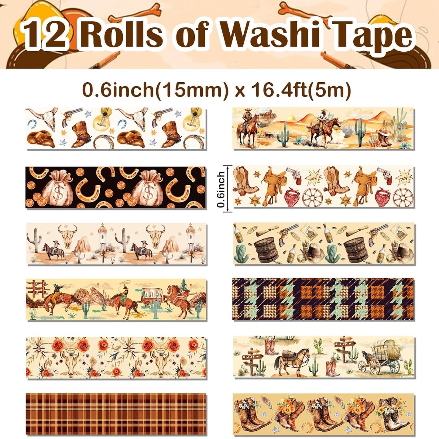 12 Rolls Western Washi Tapes, Wild West Cowboy Masking Tapes, Cowboy and Cowgirl Decorative Adhesive Stickers for Handbook Sticker Scrapbook Journaling Party Supplies DIY Craft Gift Wrapping 16.4FT