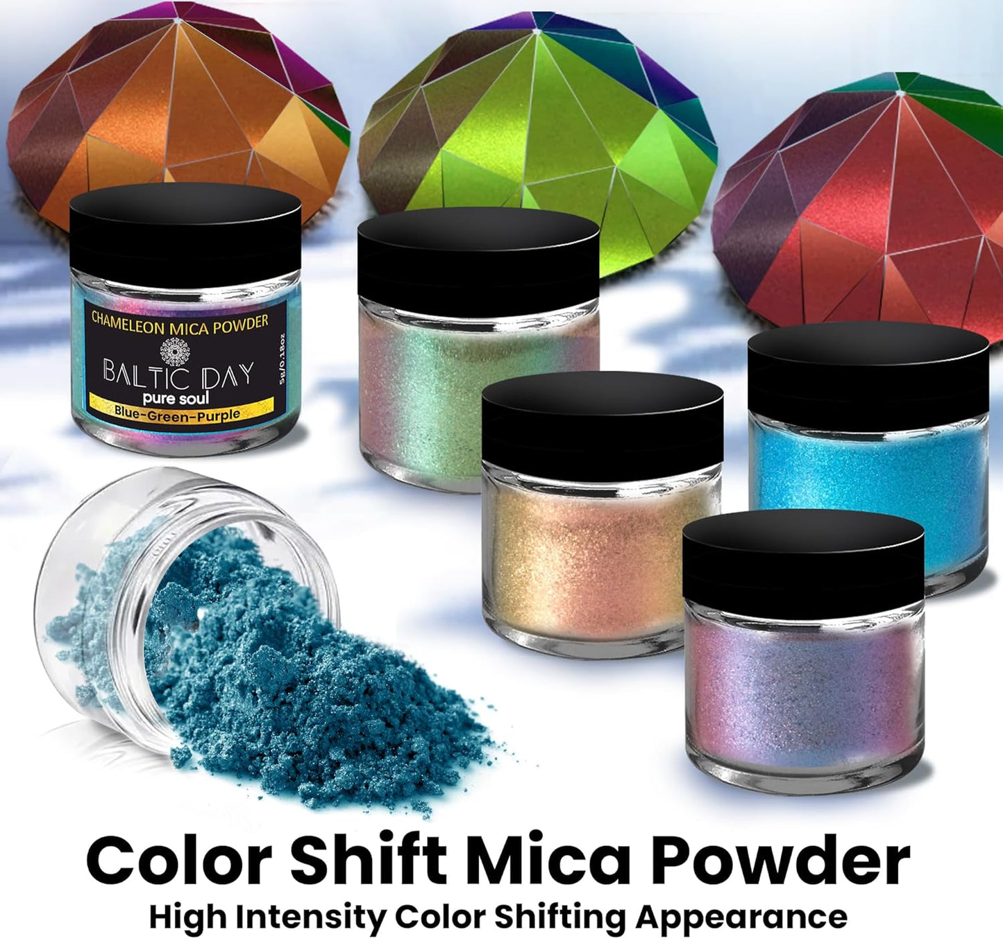BALTIC DAY - Mica Powder, 75 Colors - 5 Chameleon Mica Powder for Epoxy Resin - Colorshift Mica - Resin Colorant for Lip Gloss, Soap Making, Candle, Nail, Bath Bomb, Paint, Car Freshies