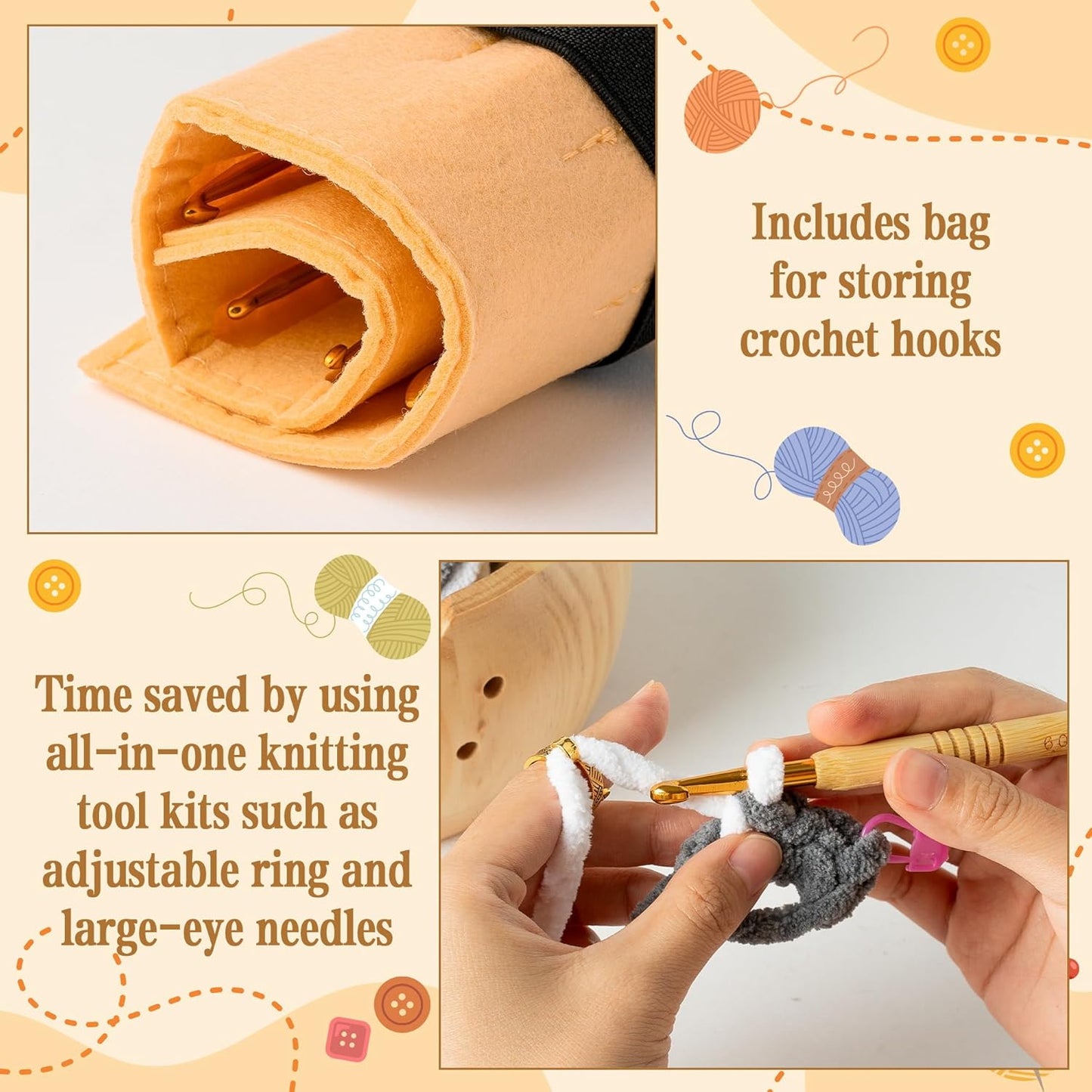 WATINC Wooden Yarn Bowl Holder Set - Large Crochet Yarn Storage Bowls with 9pcs Metal Knitting Hooks, Adjustable Loop Ring Stitch Markers with Box Crochet Gifts for Knitters Crocheters (Natural)