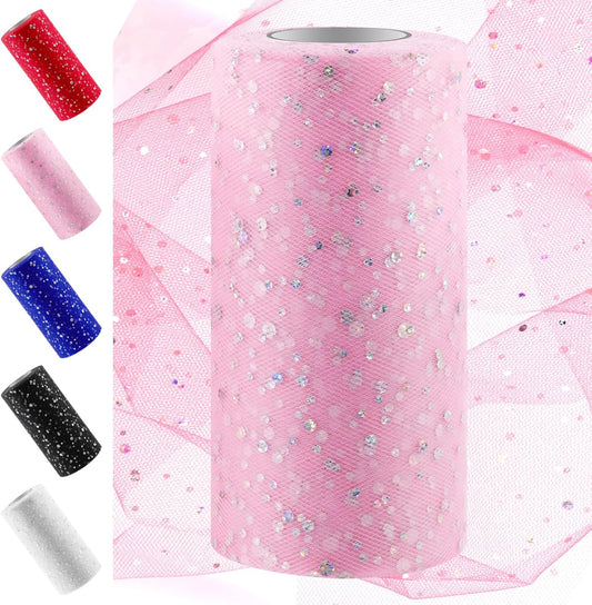 Swpeet 6 Inch by 50 Yards Pink Glitter Tulle Fabric Roll, Fabric Spool Sparkling Tulle Ribbon, Netting Polyester Spool for DIY Birthday Party Wedding Decorations Christmas Craft Supplies