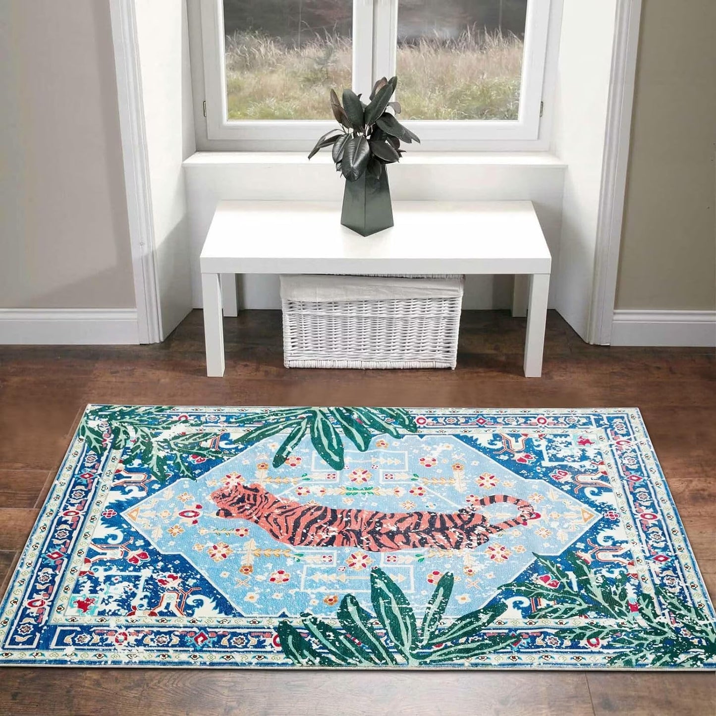 Tropical Jungle Rugs, 2x3 Faux Wool Botanical Boho Throw Rugs for Bathroom Kitchen Small Indoor Entryway Rug Modern Vintage Distressed Hippie Indian Accent Floor Mat Non-Slip Washable