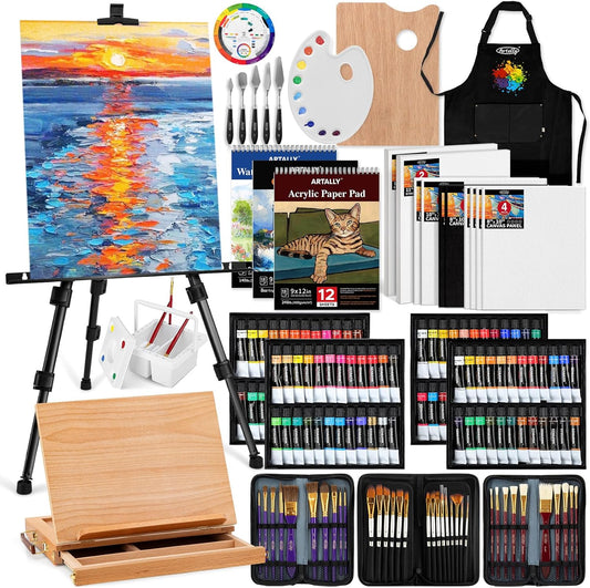 179Pcs Professional All-in-One Art Painting Kit with Aluminum & Beech Wood Easel, 96 Acrylic, Watercolor & Oil Paint Set, Complete Art Supplies Painting Set for Adults, Artists, Beginners