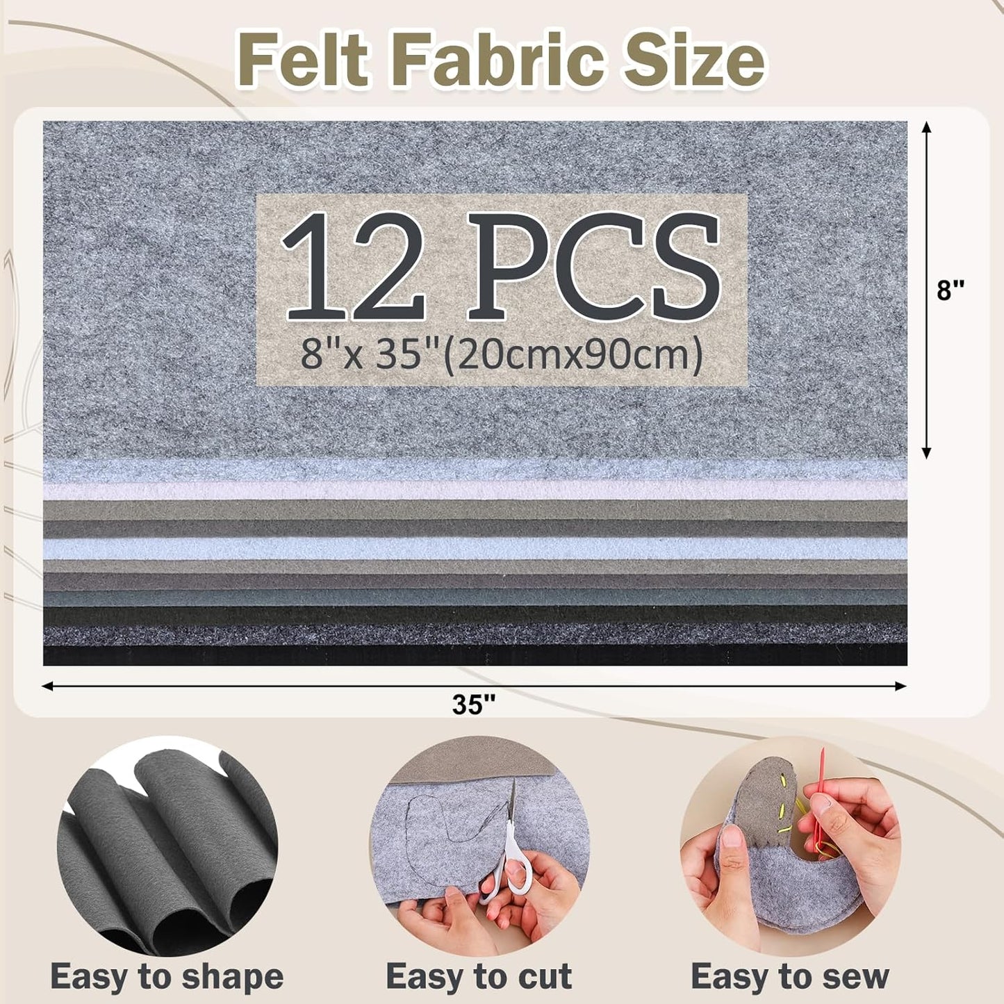 12 Rolls 8"x35"(20.5x90cm) 1.4mm Thick Soft Felt Fabric Sheet 12 Assorted White Grey Series Colors Felt Pack for DIY Craft Sewing Squares Nonwoven Patchwork