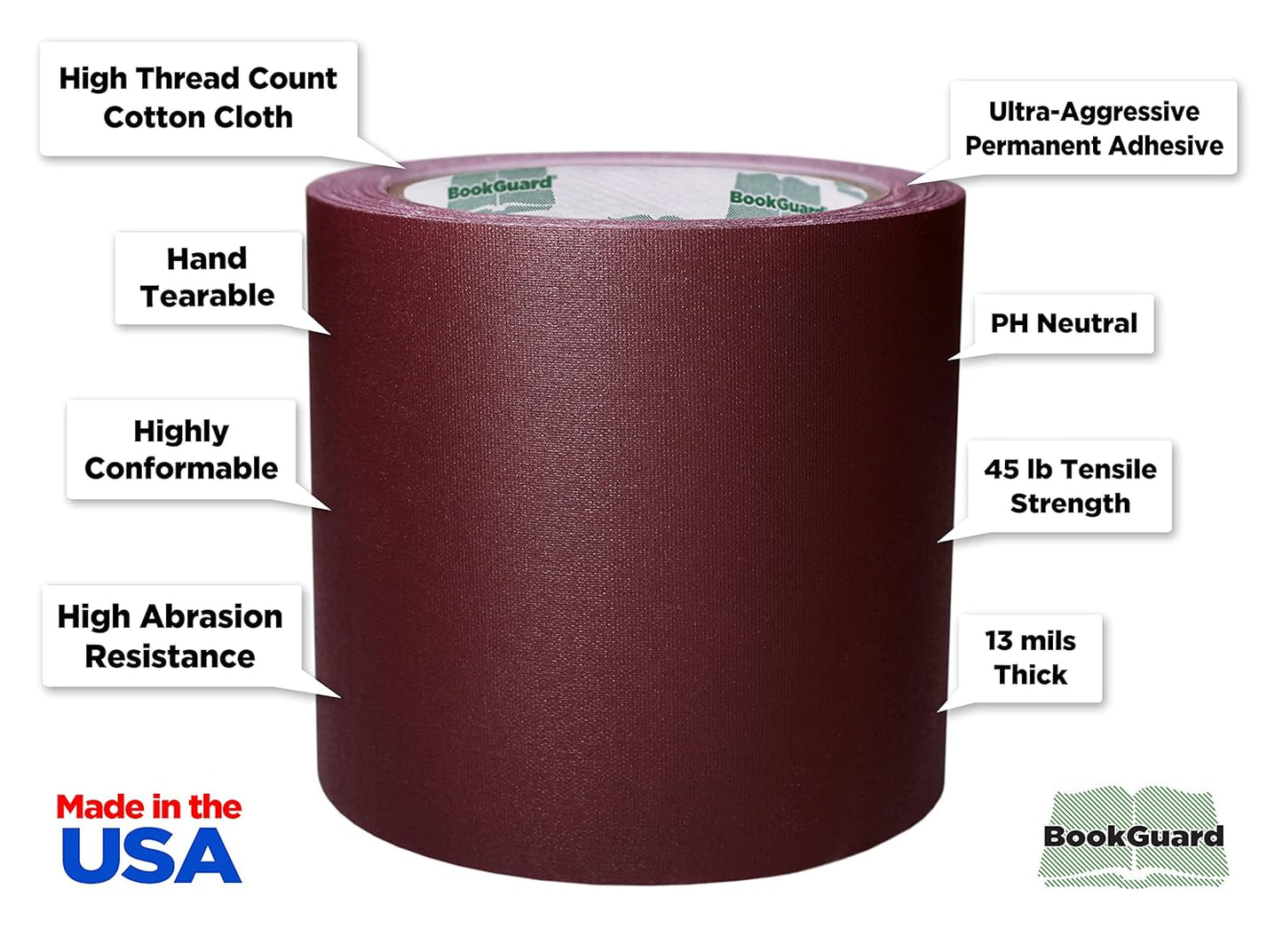 BookGuard 4 inch Premium Bookbinding Repair Cloth Tape, 15 Yard Roll, Burgundy
