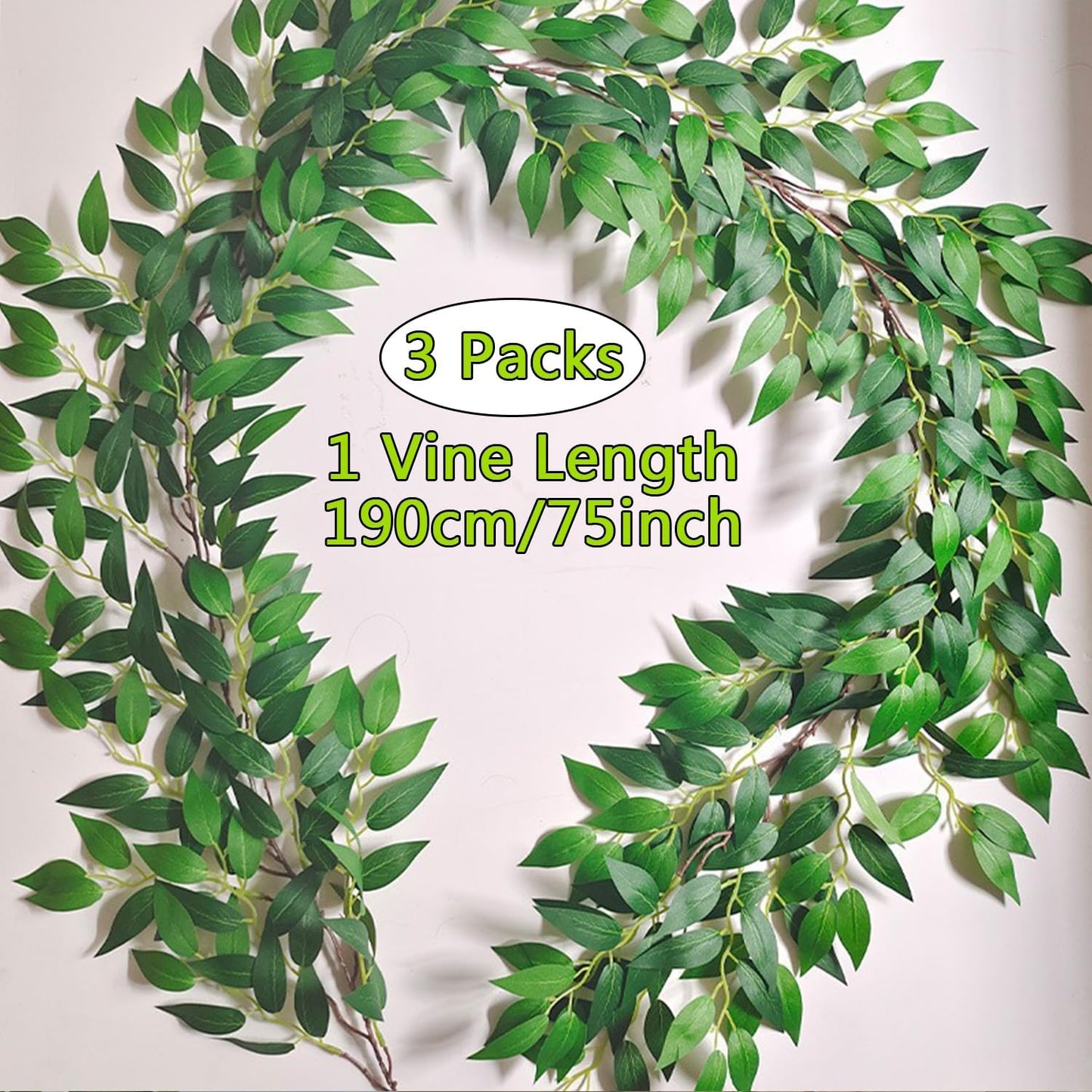 Artificial Italian Ruscus Vines, 3Pcs/75 Silk Vine Garland with Green Leaves, Fake Hanging Plants Greenery Decor for Home, Bedroom, Wall, Party, Wedding Decoration(75inch/3pcs/Vines)