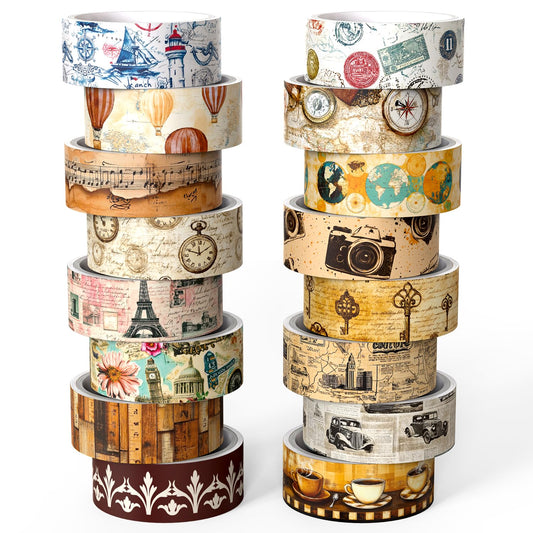 Washi Tape Set 16 Rolls, Decorative Tape, Vintage Washi Tape, Craft Tape, Scrapbook Tape, Washi Tape for Journaling, Washy Tape, Travel Washi Tapes