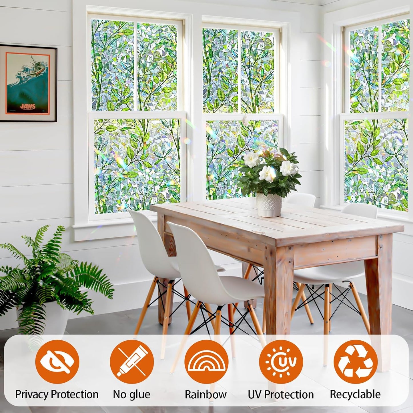 Niviy Window Privacy Film Stained Glass Window Film with Installation Tools, Rainbow Windows Decorative Decals Non-Adhesive Reusable for Home, Bathroom, Glass Door (Leaf Rainbow, 11.8 x 78.7 in)