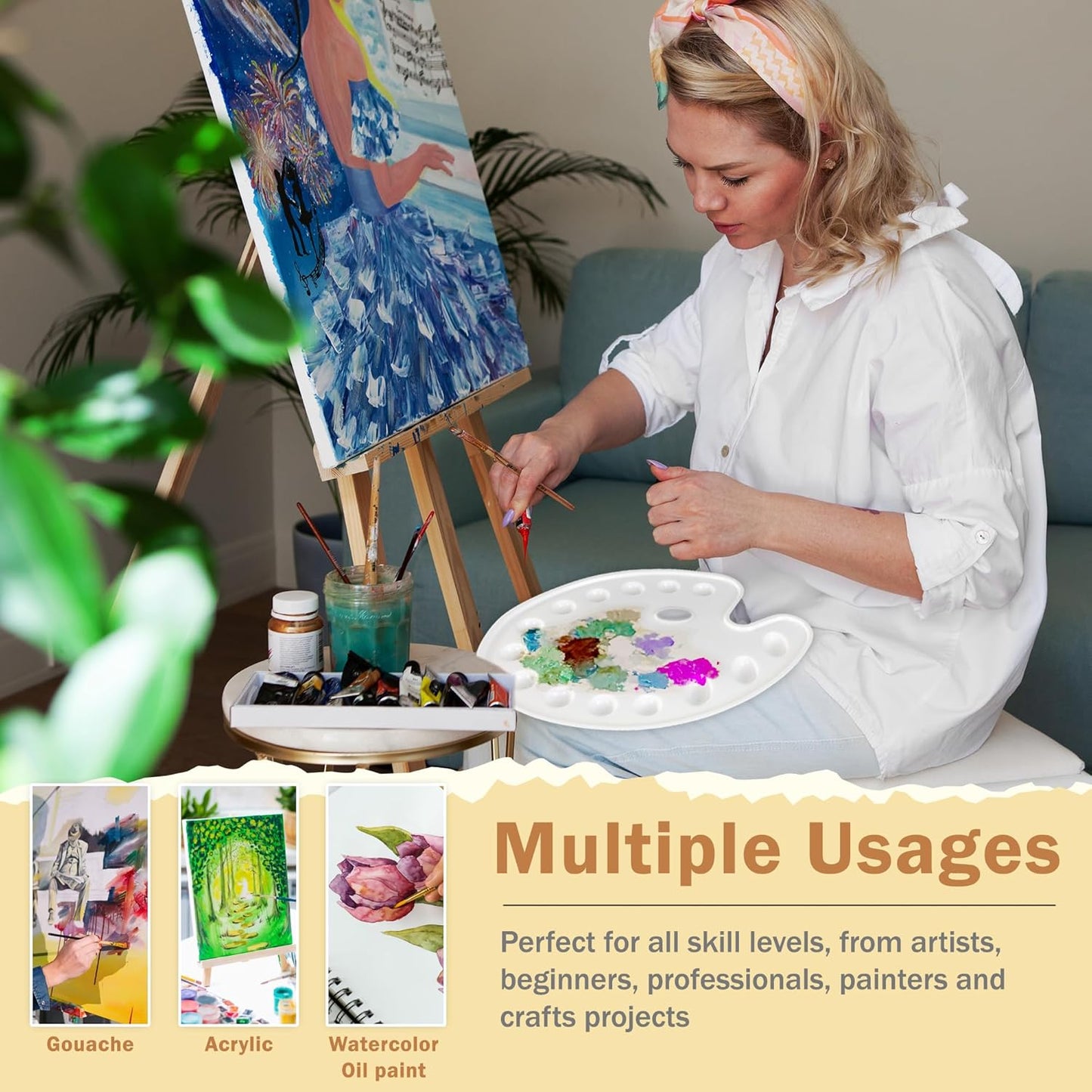 DUGATO Large Oval Paint Palettes (2 Pack, 14x10.5 inches) - 14-Well Plastic Mixing Trays for Acrylic, Oil, Watercolor & Gouache - Artist Supplies