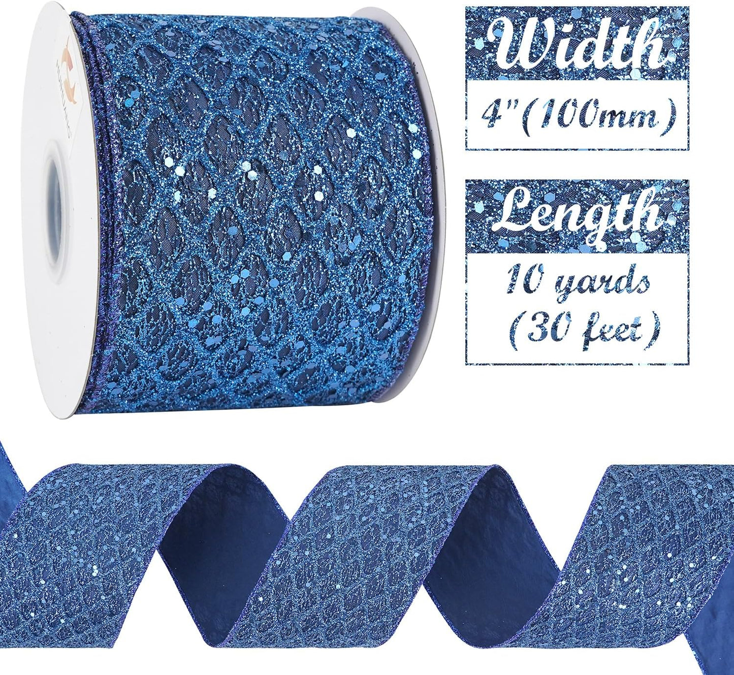 HUIHUANG Navy Blue Wired Christmas Ribbon 4 inch Navy Glitter Wired Ribbon Diamond Mesh Wire Ribbon for X-mas Tree Decorations, Wreaths, Garland, Large Bows Making, Home Decor -10 Yards