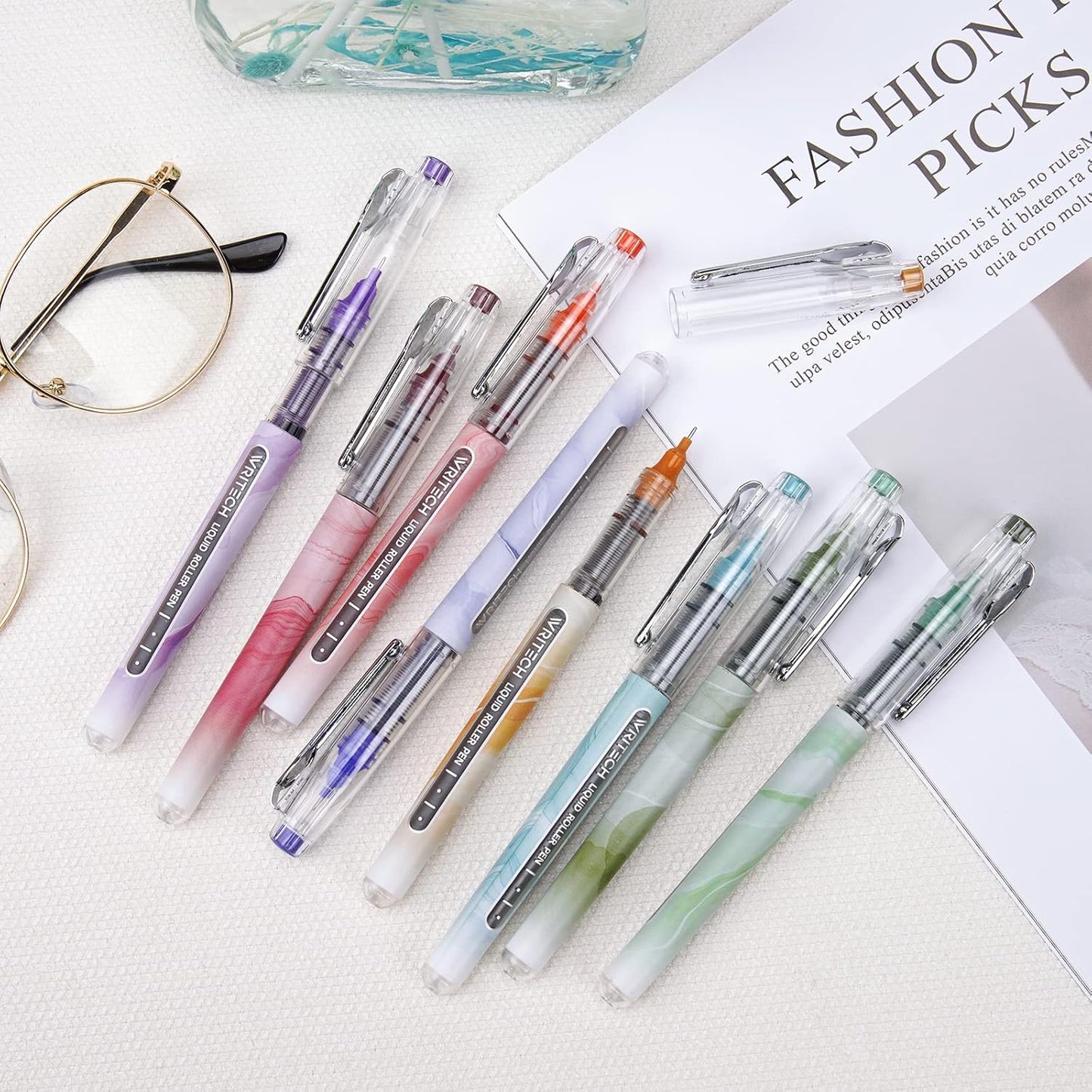 WRITECH Liquid Ink Rollerball Pens: Multi Colored 0.5mm Extra Fine Point Tip Rolling Roller Ball Pen 8ct Assorted Colors for Journaling Smooth Writing Note Taking No Bleed & Smudge & Smear