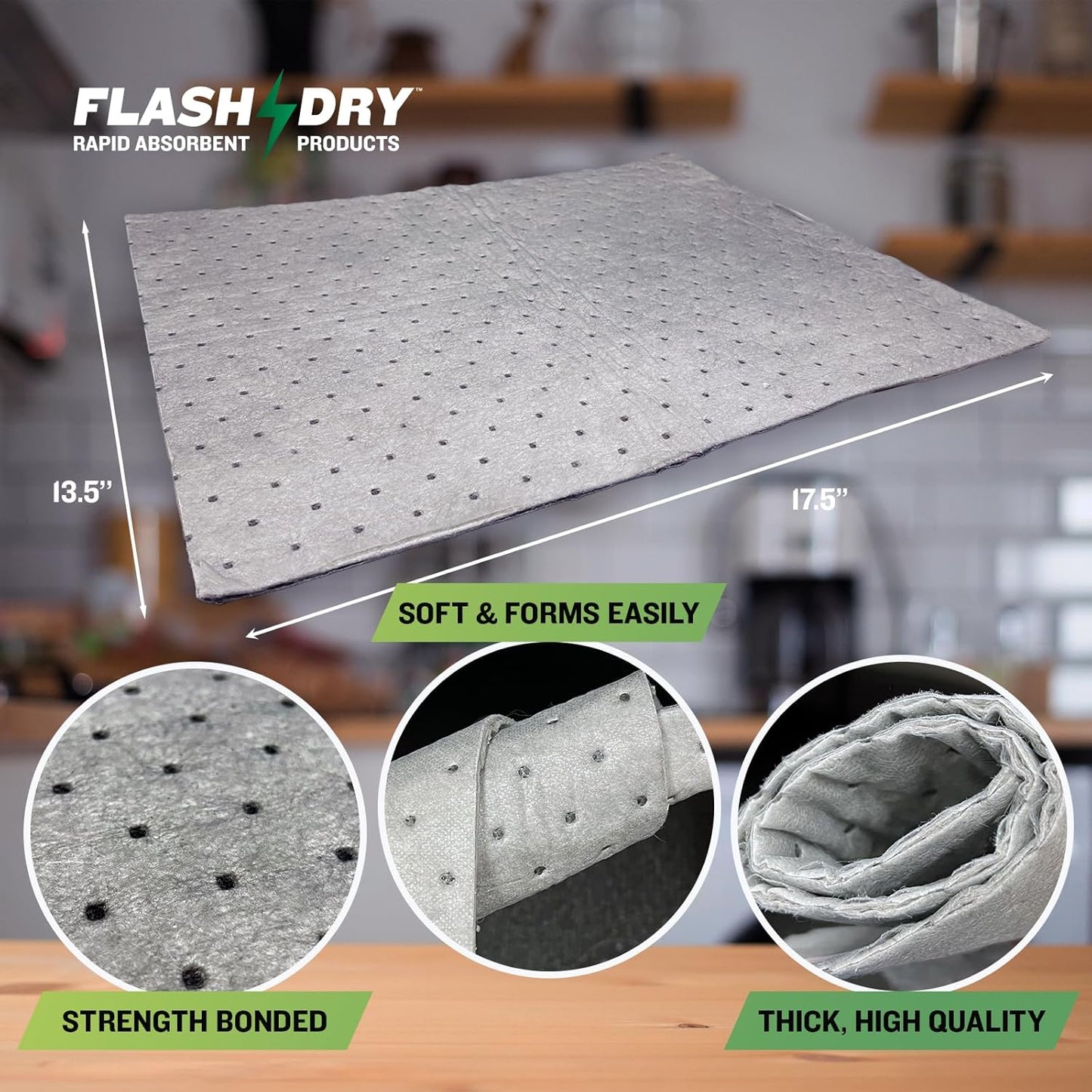 FlashDry - Universal Spill Absorbent Roll | 15” in x 144' ft Oil and All Purpose Premium Liquid Pads