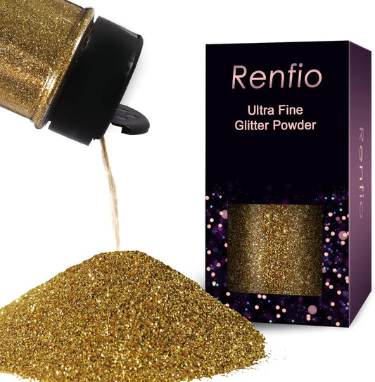 Renfio Ultra Fine Glitter Powder Metallic Resin Glitter 2.11 Oz (60g) PET Flakes Crafts Sequins 1/128" 0.008" 0.2mm Epoxy Chips Flakes for Tumblers Slime Decoration - Light Gold