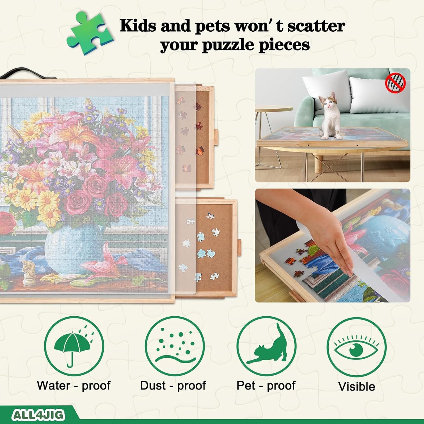 ALL4JIG 1500 Pieces 2-in-1 Tilting & Rotating Puzzle Board, 34.2" x 25.2"Adjustable Angle Puzzle Board with 4 Drawers & Clear Protective Cover, Birthday Gift for mom