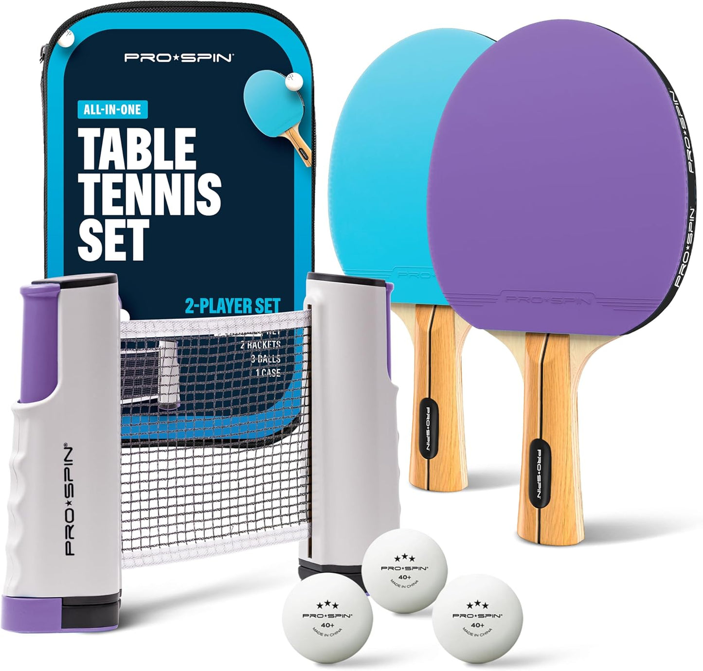 PRO SPIN All-in-One Ping Pong Set - Retractable Ping Pong Net for Any Table (72"), Ping Pong Paddles and Balls, Storage Case - Portable Table Tennis Family Games, Gifts for Boys & Girls